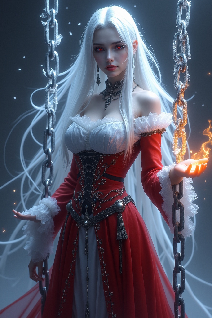 photo of a vampire queen,left hand grasp a chain with ice effect,right hand grasp a chain with fire effect,she wearing a victoria period with red and light blue color,long white hair,red eyes,the chain **** from steel and it floating in the air,big chain,focus on chain,1girl <lora:xian2:1.2>
