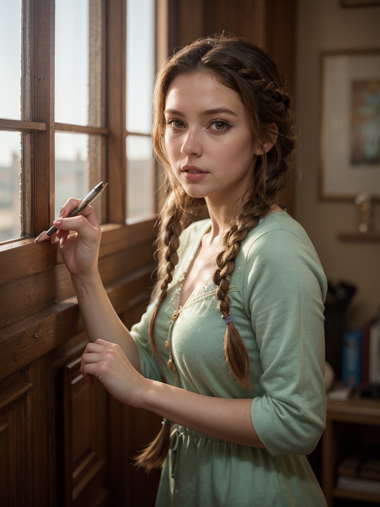 masterpiece,  best quality,  Rapunzel from Tangled like a gorgeous real girl with a braid who is drawing her tower on Tens...