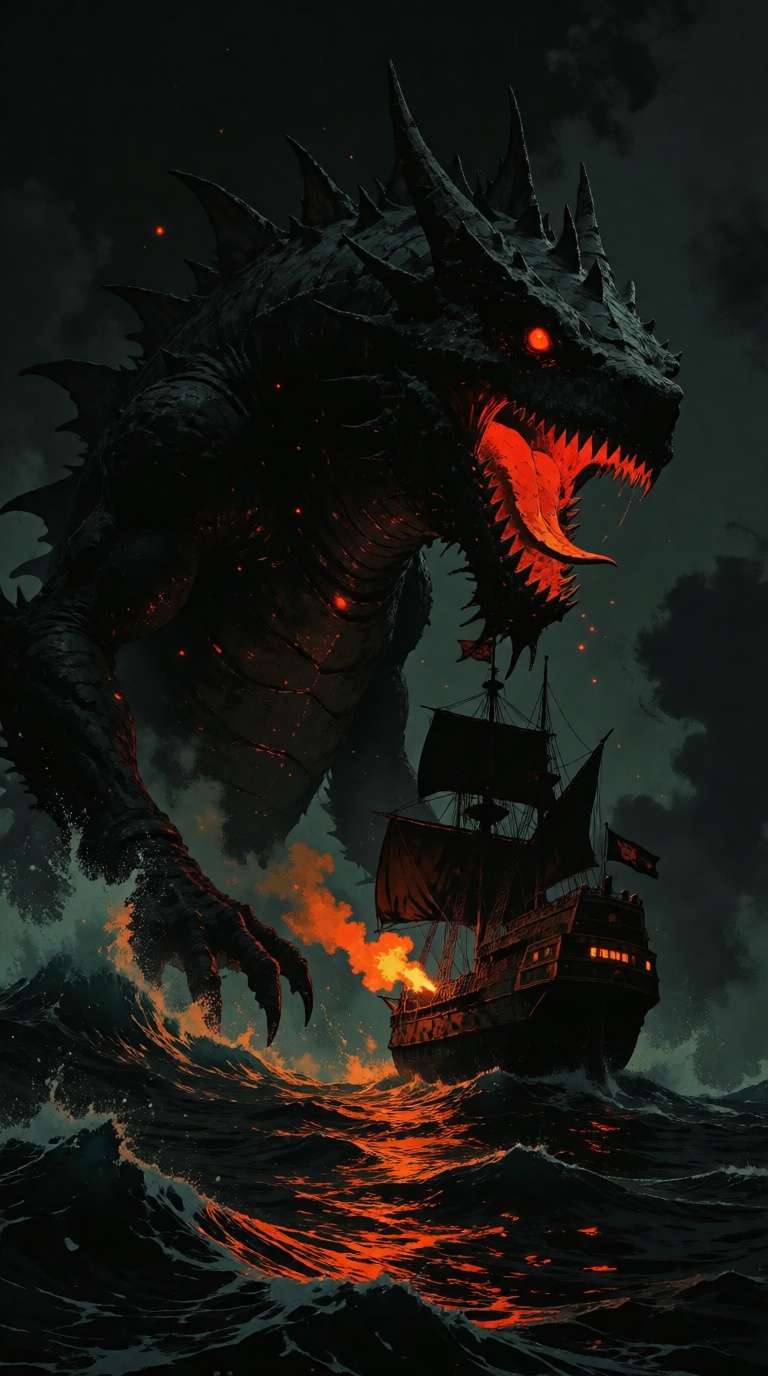 V1nt4geStyle,  a helish sea monster attacking a pirate ship in a black and mysterious ocean. The pirate ship is firing its...