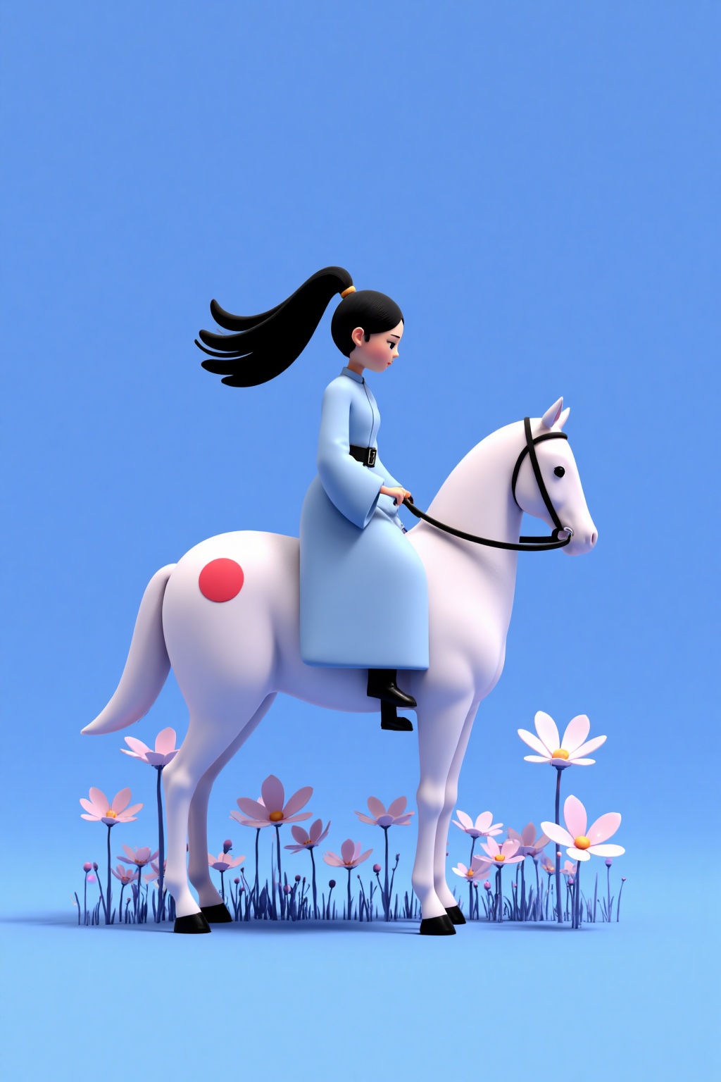 beijihui,a 3D rendering of a woman in a light blue dress, riding a white horse with a red polka dot on its back. The horse is adorned with a black belt, and the woman's hair is pulled back in a ponytail, adding a touch of movement to the scene. The backdrop, a vibrant blue sky, is a stark contrast to the white horse and the white flowers, creating a striking contrast.