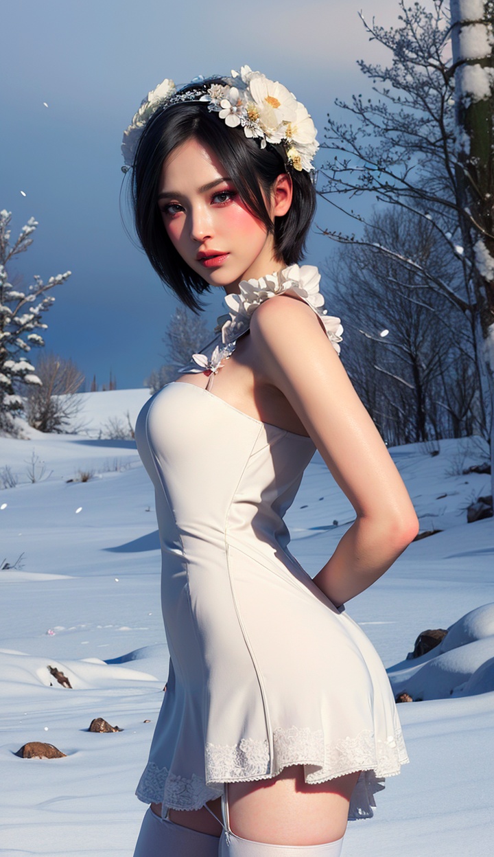 masterpiece,highres,1girl,solo,arms behind back,looking_at_viewer,front view,sfw,<lora:add_detail:0.3>,thighhighs,((beautiful Dress+stocking):1.25),((flower headdress:1.45)),((white theme:1.5)),snow,outdoors,snowflakes,sleeveless,3D graphics,ada wong,<lora:adawongre4r:0.7>,