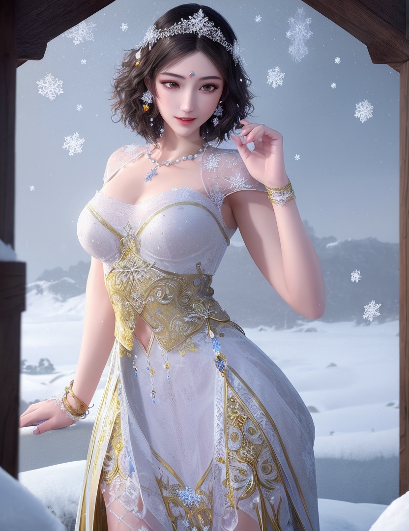 ultra realistic 8k cg, flawless, clean, masterpiece, professional artwork, famous artwork, cinematic lighting, cinematic bloom, perfect face, beautiful face, fantasy, dreamlike, unreal, science fiction,   lace, lace trim, lace-trimmed legwear, luxury, jewelry, diamond, gold, pearl, gem, sapphire, ruby, emerald, intricate detail, delicate pattern, charming, alluring, seductive, erotic, enchanting, hair ornament, necklace, earrings, bracelet, armlet,halo,autumn,((,1girl, pov,best quality, ))  , ((((1girl, solo,outdoors, large breasts,,snowflakes,  snow, snowing,   ))))    <lora:DA_BaiCai:0.7>