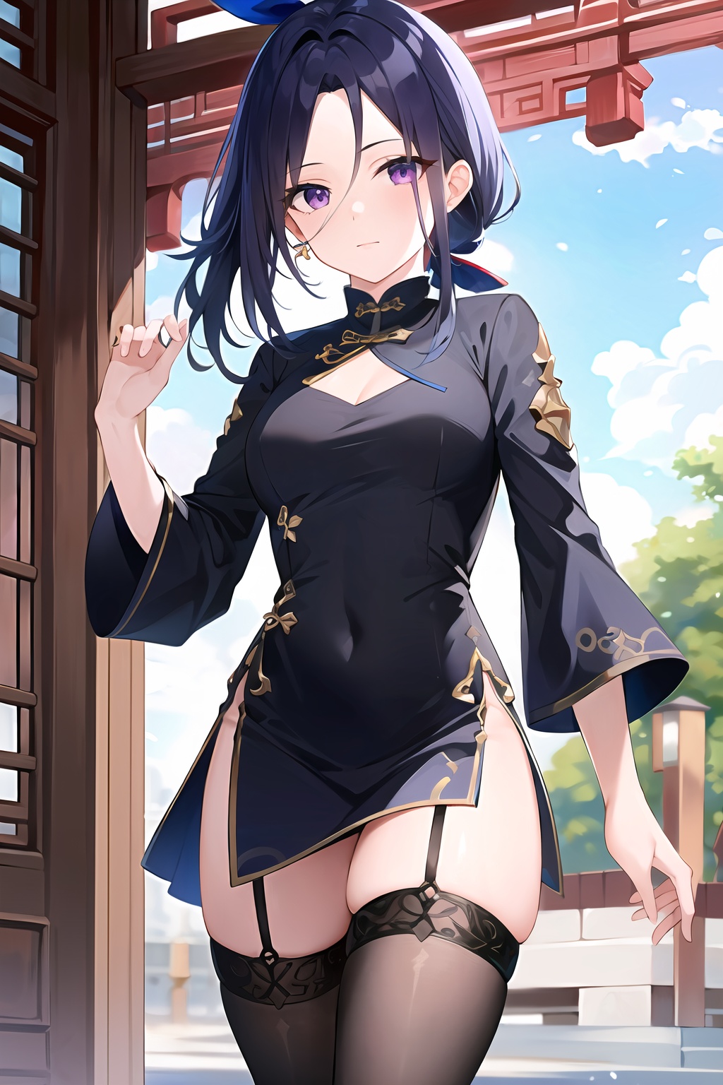 (masterpiece, best quality:1.2),insanely detailed,absurdres,ultra-highres,ultra-detailed,best quality,slender,kawaii,perfect symmetrical face,ultra cute girl,ultra cute face,ultra detailed eyes,ultra cute,ultra beautifu,clorinde \(genshin impact\),1girl,solo,purple eyes,low ponytail,blue hair,china dress,chinese clothes,black thighhighs,looking at viewer,<lora:clorinde-000001:0.7>,outdoors,standing,
