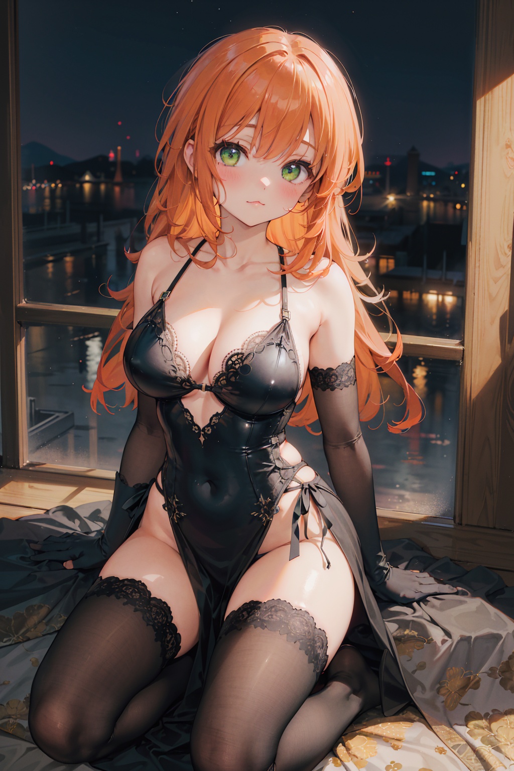 masterpiece,best quality,cowboy shot,looking at viewer,1girl,solo,orange hair,green eyes,:3,large breasts,collarbone,black evening gown,elbow gloves,black gloves,black thighhighs,kneeling