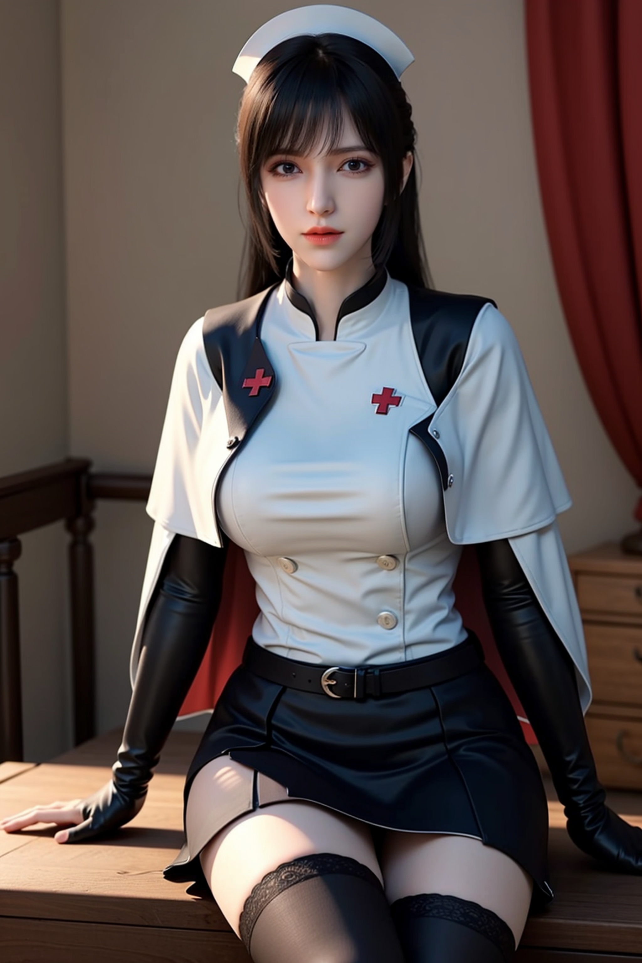 ultra realistic 8k cg,picture-perfect face,perfect face,beautiful face,masterpiece,fantasy,detailed background,realistic,perfect female body,curvy body,1girl,solo,cape,long hair,sky,(skirt),sitting,room,black stockings,((nurse)),<lora:qilin-1212-000010:0.65>,