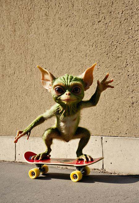 Leica portrait of a gremlin skateboarding, coded patterns, sparse and simple, uhd image, urbancore, sovietwave, period snapshot