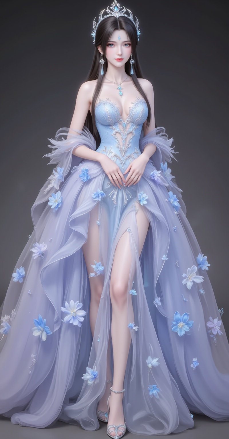 <lora:晚礼服1·人物百搭款6:1>,fuzhuang,1girl,dress,solo,bare shoulders,skirt hold,blue dress,black hair,long hair,breasts,strapless,strapless dress,flower,long dress,full body,high_heels,cover,gradient background,close-up details,outstanding style,adding a touch of dimension to your images without compromising details,close-up,<lora:DJ滤镜_2.5D版:0.3>,lvjing,<lora:油画唯美滤镜15:0.2>,baoshi,<lora:清漪·衣服百搭款·6:1.1>,qingyi,black hair,long hair,jewelry,earrings,hair_ornament,grey eyes,crown,