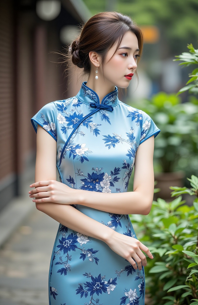 19guofeng,1girl,solo,earrings,jewelry,chinese clothes,china dress,blurry,looking to the side,short hair,short sleeves,red lips,brown hair,hand on own arm,blue dress,holding own arm,hair bun,brown eyes,standing,black hair,outdoors,makeup,cowboy shot,plant,blue china dress,floral print,blurry background,realistic,arm_at_side,