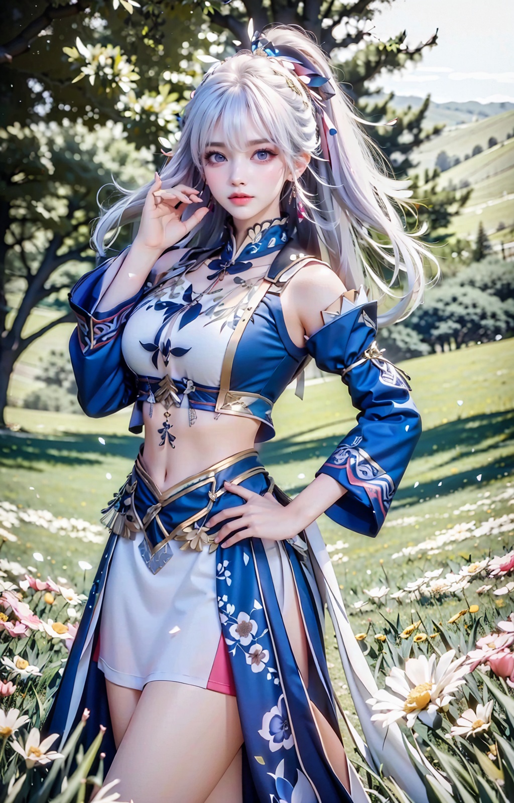 a woman in a costume standing in a field of flowers with her hands on her hips and her hair blowing in the wind,Du Qiong,final fantasy,a character portrait,fantasy art,absurdres,highres,wallpaper,colorful,thick eyebrows,pupils,bright_pupils,makeup,eyeshadow,lipstick,long_eyelashes,mascara,face_focus,eyes_focus,front view,looking_at_viewer,<lora:王者荣耀-杨玉环:0.9>,