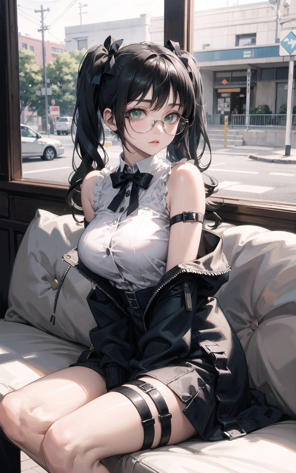 1girl, glasses, green_eyes, adjusting_eyewear, long_hair, thigh_strap, twintails, solo, black_ribbon, looking_at_viewer, low_twintails, black_bow, sitting, breasts, black_hair