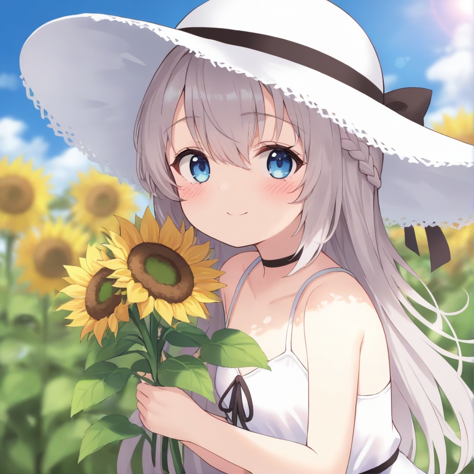 masterpiece, best quality <lora:yylin0w:1>, Jelen01, 1girl, sunflower, flower, solo, hat, smile, outdoors, sleeveless, looking at viewer, blue eyes, braid, black choker, day, upper body, ribbon, white headwear, holding, blurry, dress, grey hair, closed mouth, sun hat, blush, sky, hair between eyes, black ribbon, yellow flower, white dress, cloud, bare shoulders, sleeveless dress, depth of field, holding flower, long hair, bow, blue sky, field, sunflower field, blurry background, ray tracing, 