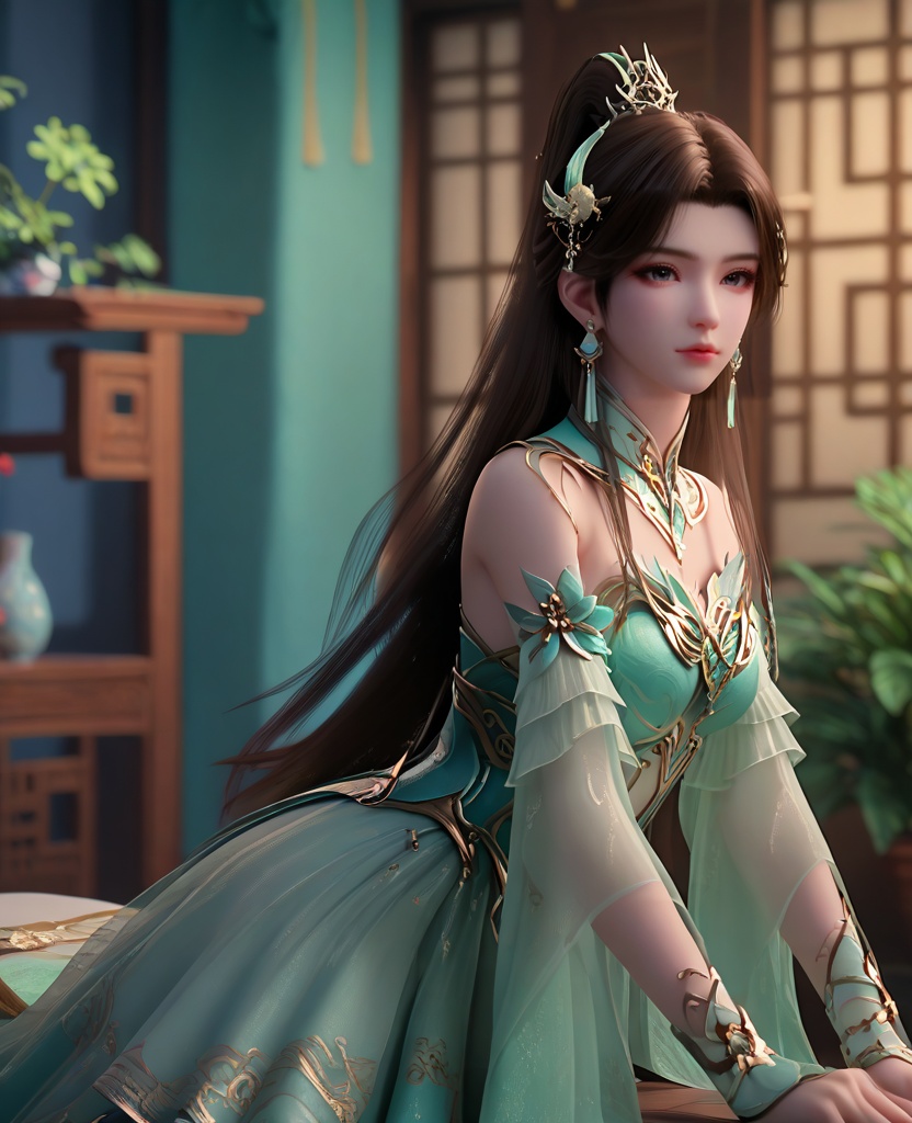 (oriental architecture, elegant decor, sophisticated style:1.1),(arm at her side:1.1),looking at viewer,(breasts:1.2),<lora:XL16斗破苍穹古薰儿:0.95>,miss guxuner,celadon corset,aloes green miniskirt,gray eyes,pink eyeshadow,black hair,tiered high ponytail with long front strands,super long hair,hair ornament,earrings,jewelry,detached collar,green sash,sheer fabric overskirt,cyan fart curtain,spiral foot decoration,high heels,, score_9,score_8_up,score_7_up,score_6_up,score_5_up,score_4_up,3d rendering,tag1,tag2, Cinematic Lighting,backlighting,, zPDXL3, zPDXL2,zPDXL, zPDXLxxx, zPDXLrl,