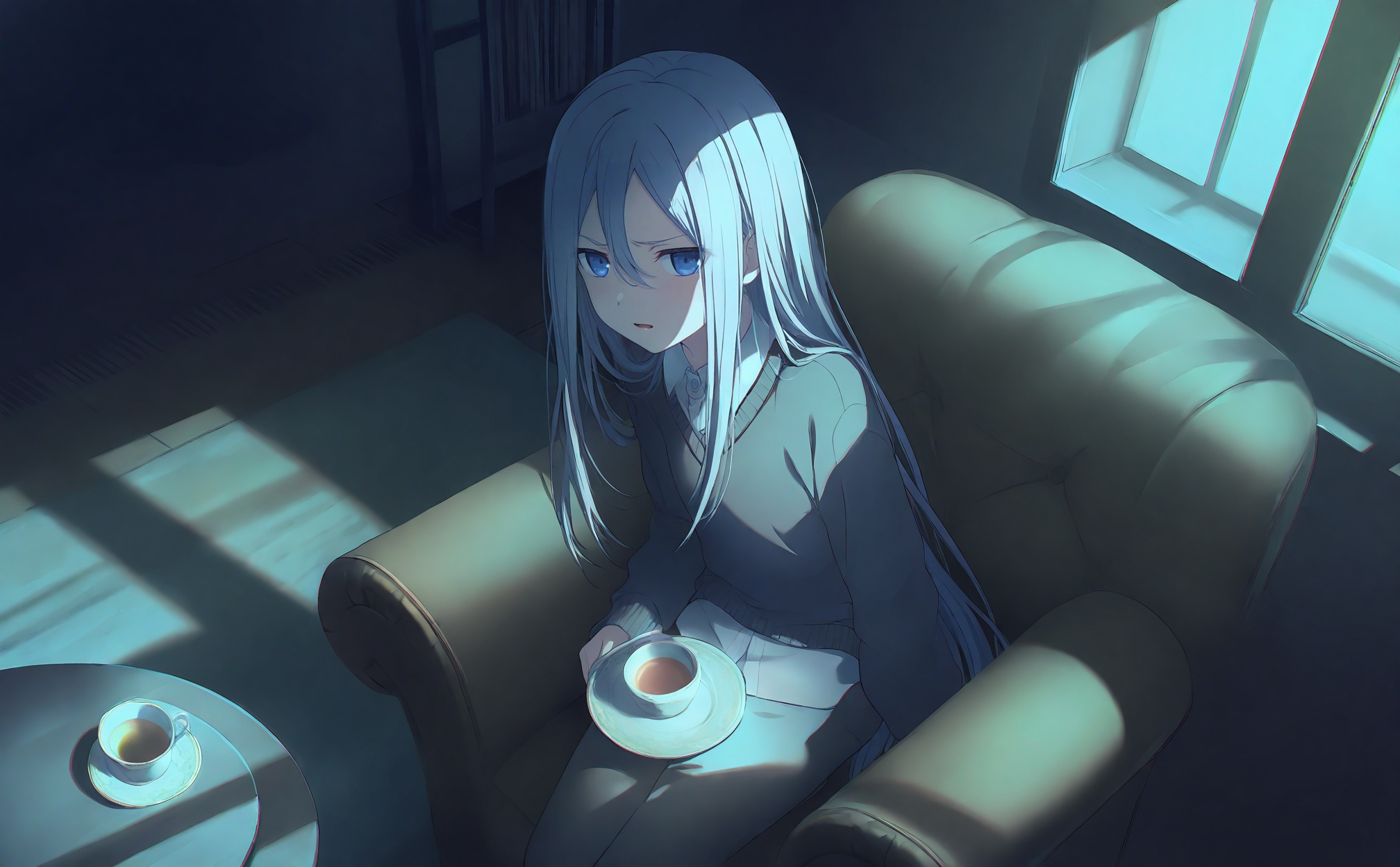 masterpiece,highres,absurdres,newest,best quality,loli,petite,high quality,chromatic_aberration,//,yoisaki_kanade, 1girl, long_hair, cup, blue_eyes, solo, sitting, chair, teacup, sweater, indoors, hair_between_eyes, table, shirt, collared_shirt, light_blue_hair, white_shirt, black_sweater, looking_at_viewer, very_long_hair, long_sleeves, armchair, couch, carpet, grey_sweater, straight_hair, blue_hair, parted_lips, saucer, white_hair, tea, holding_cup, shade, grey_hair, open_mouth, shadow, television, sidelighting, on_chair, tsurime, sidelocks, double-parted_bangs, furrowed_brow, window_shade, buttons, backlighting, dress_shirt//,<lora:PJSKcg925——【NOOB】hans:0.8>,