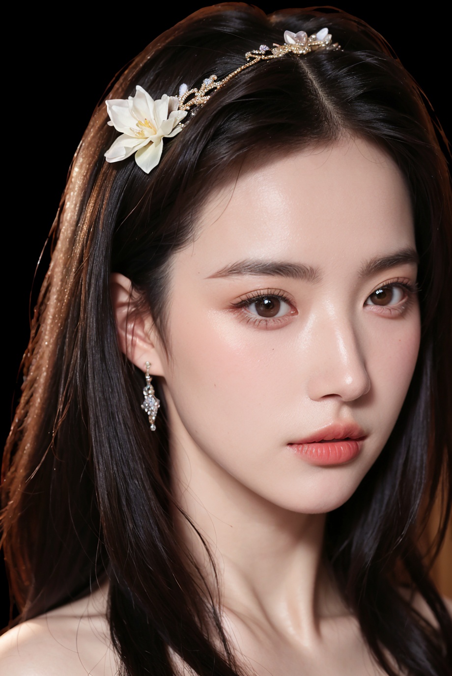 1girl, solo,(front view:1.2),(looking_at_viewer:1.4),(eye-contact:1.4),,black hair, long hair, jewelry, realistic, earrings, hair ornament, black eyes, lips, collarbone, parted lips, flower, watermark, upper body, portrait, hair flower, dress, web address, , <lora:YG红颜阁美女10:0.85>,