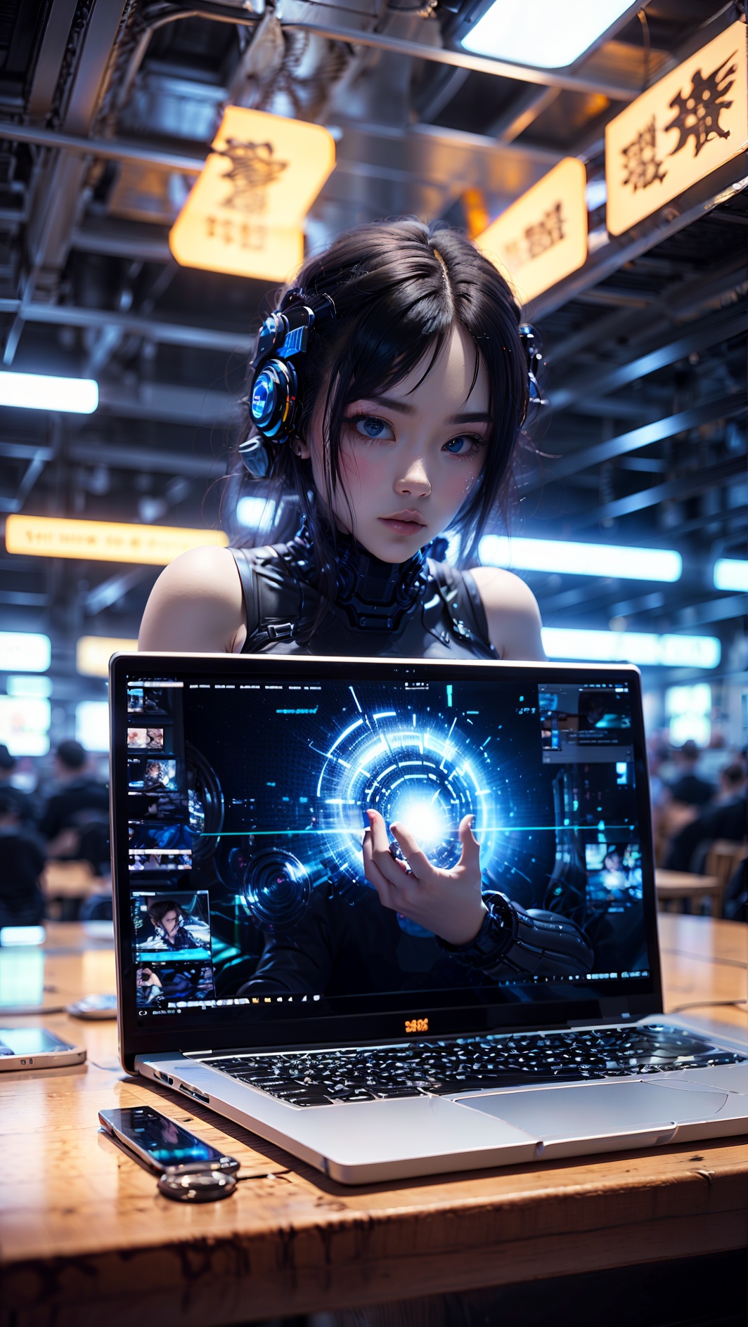 chaomeng, laptop, cyberpunk,  blue theme, 1girl, 
