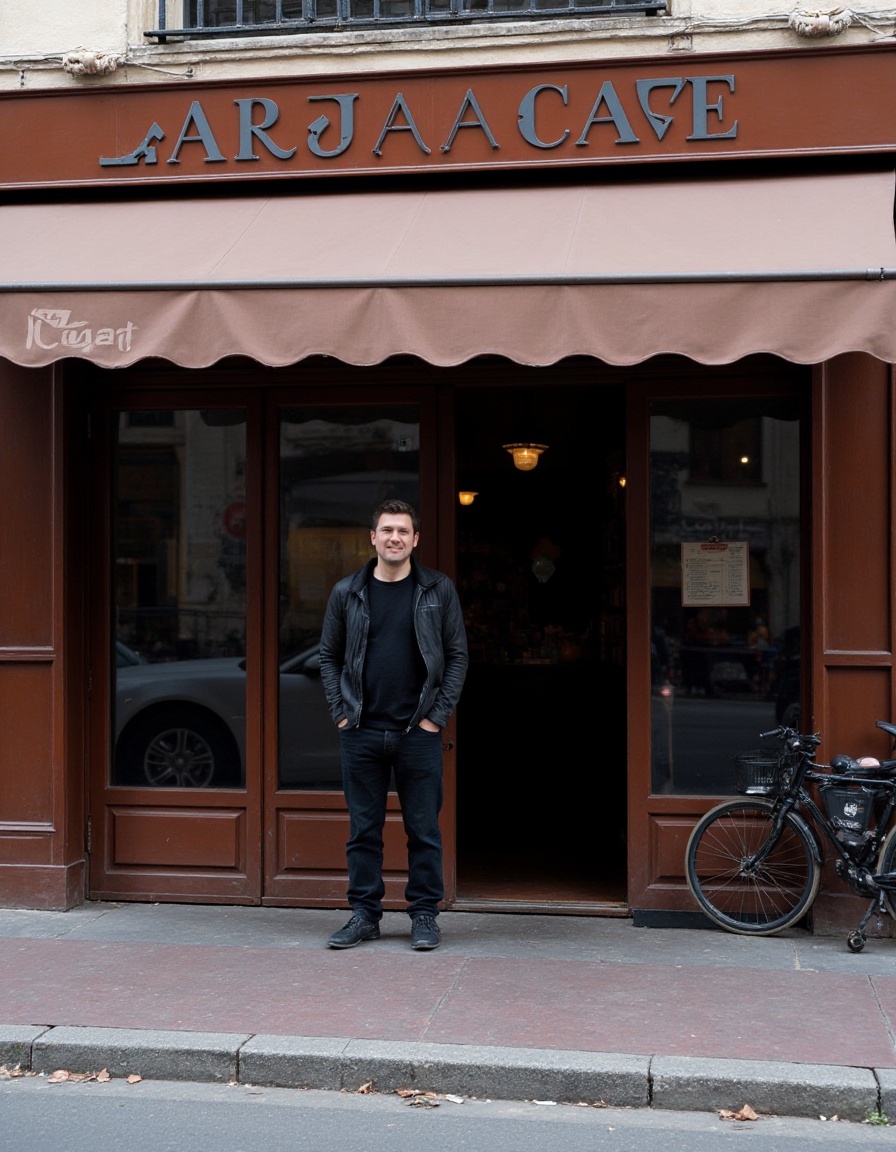 The image shows a man standing on a sidewalk in front of a cafe or restaurant entrance. The establishment has a brown awning with white lettering that reads "𝐿𝐴𝑅𝑉𝐴𝐸 𝐶𝐴𝐹𝐸"
