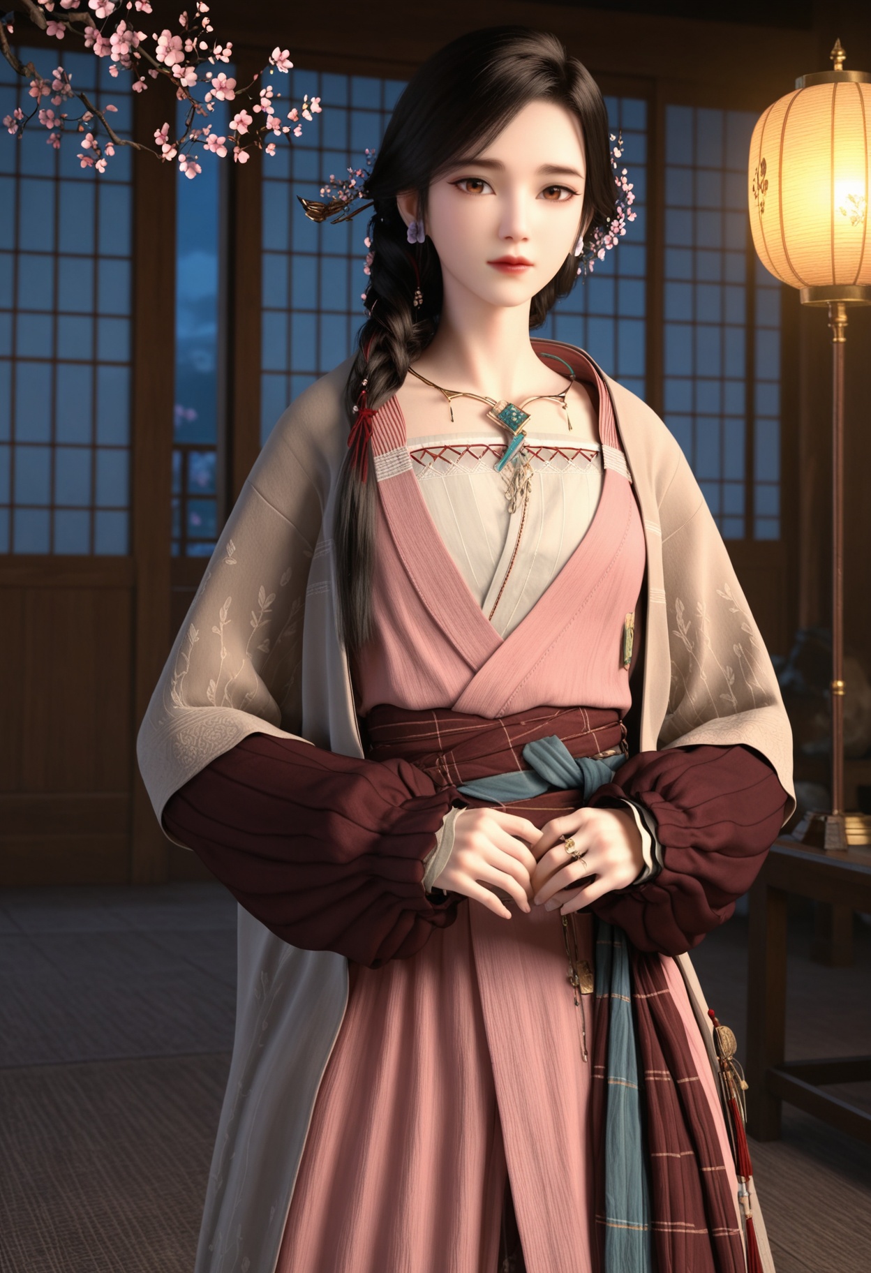 (cowboy shot:1.2),(looking at viewer:1.1),masterpiece,(best quality),smog,Dark room,dim lighting,peach blossom,falling petals,<lora:YQ_Illustrious光辉v5_璎陌_V1:0.8>,q1528437228,1girl,solo,jewelry,long hair,hair ornament,earrings,braid,brown hair,brown eyes,hair flower,necklace,black hair,dress,long sleeves,single braid,