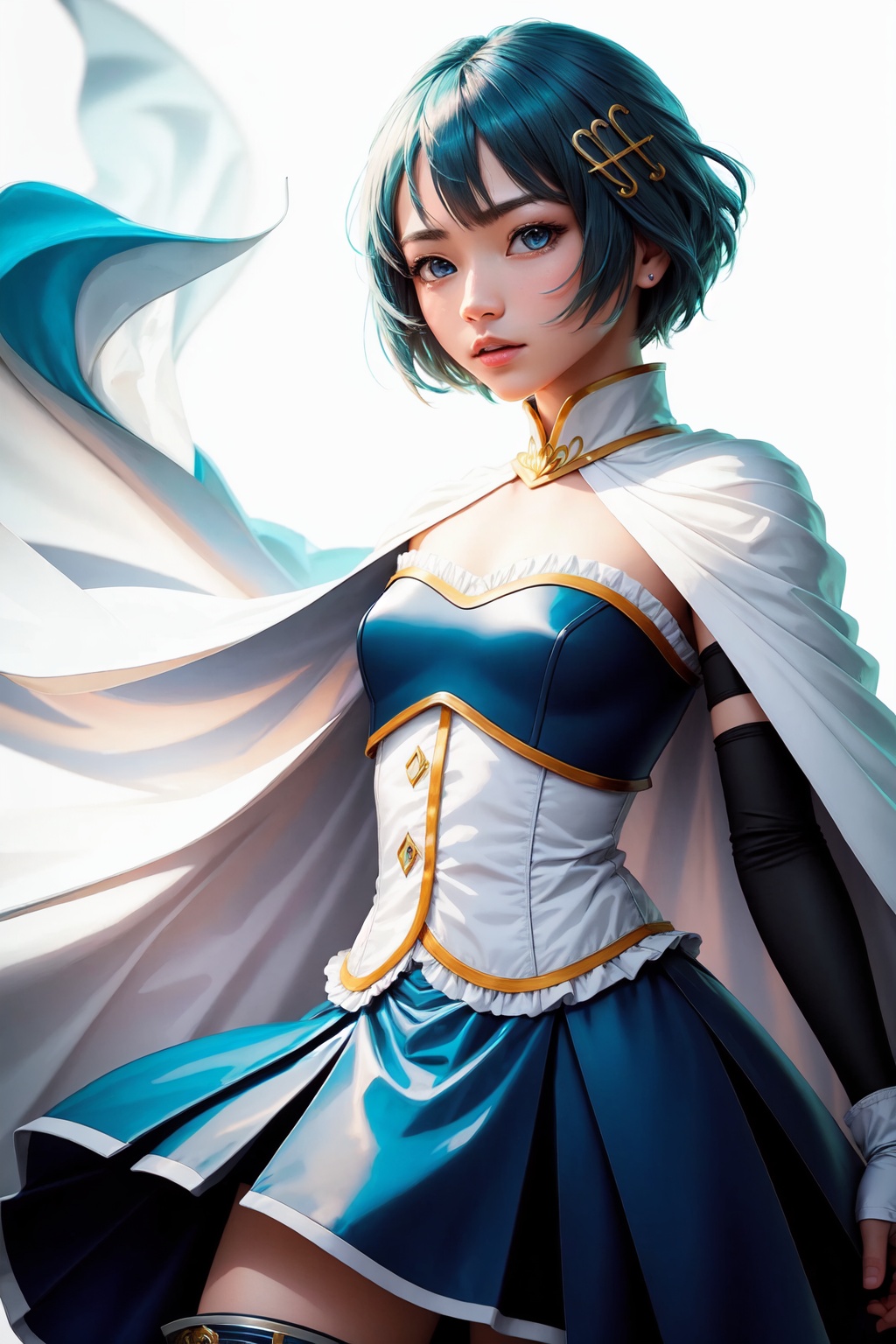 masterpiece,best quality, highly detailed, miki_sayaka,1girl,solo,magical_girl,white_cape,white_gloves,looking_at_viewer,musical_note_hair_ornament,fortissimo,hairclip<lora:miki_sayaka:1>,simple background,white background