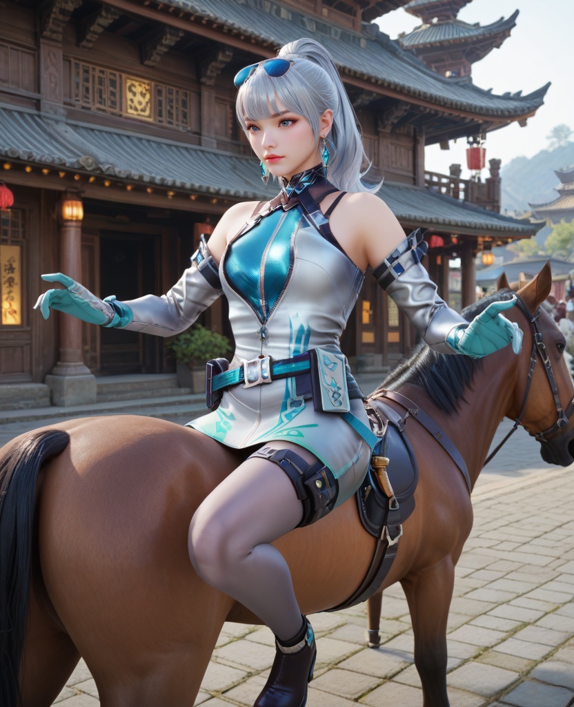 (oriental architecture, elegant decor, sophisticated style:1.1),(riding a horse:1.1),(breasts:1.2),<lora:XL16穿越火线王者雾蒙蒙保卫者:0.95>,miss wumengmeng,short silver dress,blue corset,silver hair,ponytail,long hair,sunglasses,earrings,elbow gloves,belt,holstered,pantyhose,black heels,, score_9,score_8_up,score_7_up,score_6_up,score_5_up,score_4_up,3d rendering,tag1,tag2, Cinematic Lighting,backlighting,, zPDXL3, zPDXL2,zPDXL, zPDXLxxx, zPDXLrl,