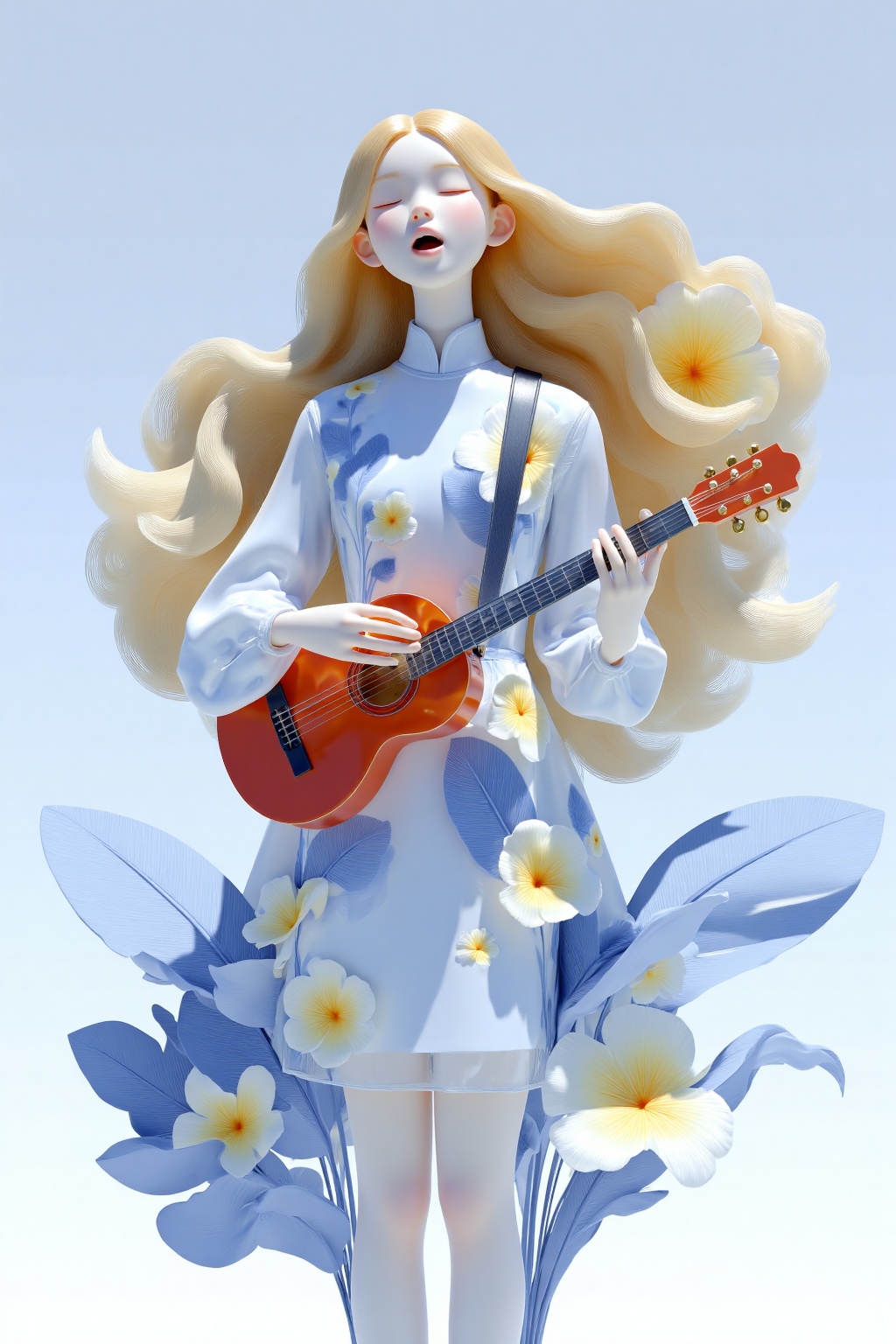 beijihui,a 3D rendering of a woman with long blonde hair,wearing a white dress adorned with blue and yellow flowers. She is standing in front of a light blue background,holding a red guitar in her hands. Her eyes are closed,and her lips are slightly parted,as if she is singing. Her hair is cascading down her back,framing her face. Her dress is adorned with a white and blue floral pattern,adding a pop of color to the scene.,