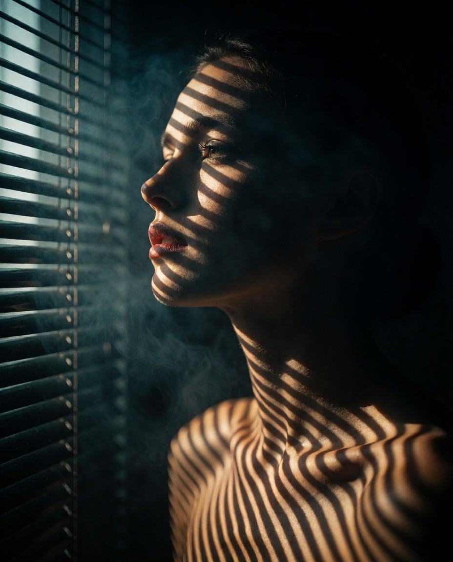 cinematic portrait of a woman in half-profile,  hard directional light passing through venetian blinds,  sharp striped lin...