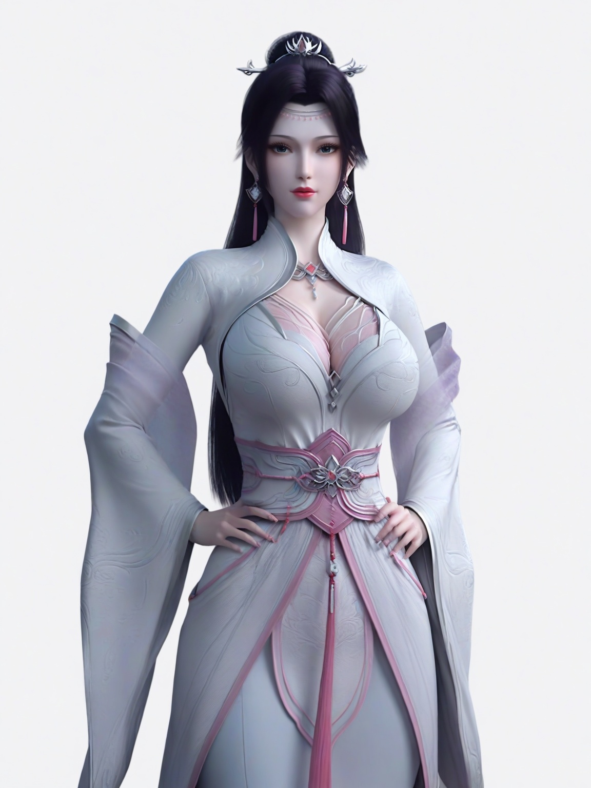 score_9,1girl,solo,dress,long hair,earrings,hair ornament,eyelashes,large breasts,standing,wide sleeves,lipstick,looking at viewer,white background,simple background,cowboy_shot,<lora:SF_YunYun_HuaZong_Pony_Realism2.3-000003:0.7>,