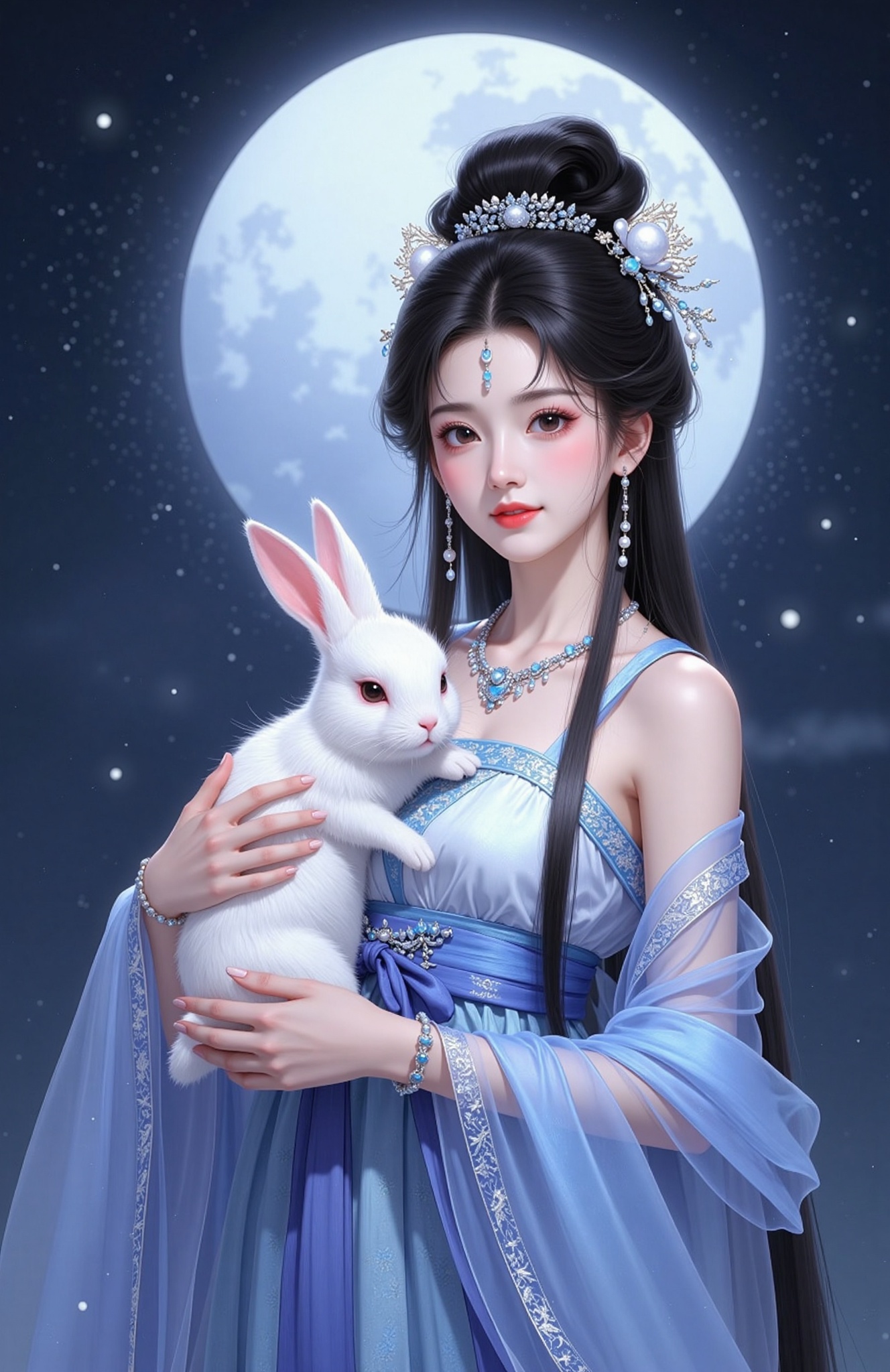,19guofeng,1girl,moon,hair ornament,rabbit,jewelry,black hair,earrings,long hair,night,necklace,blue hanfu,full moon,sky,upper body,holding animal,bracelet,chinese clothes,solo,holding,forehead mark,night sky,animal,bare shoulders,sash,Xianxia costume.,shawl,looking at viewer,black eyes,see-through,
