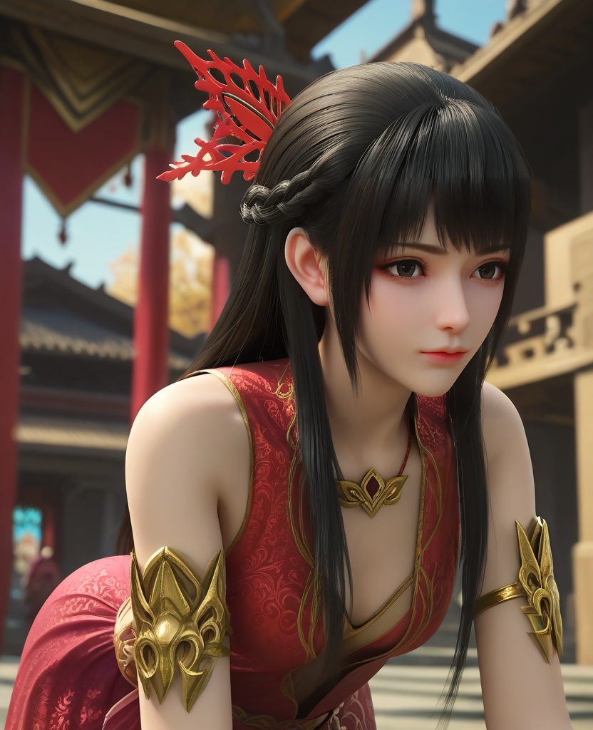 (oriental architecture, elegant decor, sophisticated style:1.1),Hands on a surface, leaning forward,(breasts:1.2),<lora:XL16大主宰红绫:0.95>,1girl,red dress,mole under eye,black eyes,black hair,long hair,hair ornament,bare shoulders,, zPDXL2, score_9, score_8_up, score_7_up BREAK realistic, masterpiece,best quality, highly detailed,, zPDXL3, zPDXL2,zPDXL, zPDXLxxx, zPDXLrl,