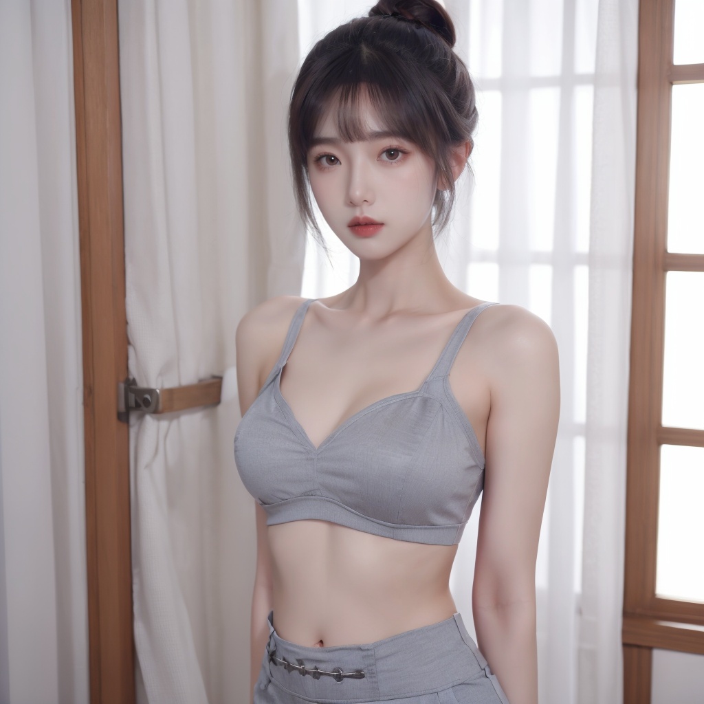 1girl,arms_behind_back,black_hair,breasts,brown_eyes,collarbone,curtains,hair_bun,lips,looking_at_viewer,mole,realistic,solo,standing(bellyband:1.3),<lora:20231109-1699510907344:0.6>