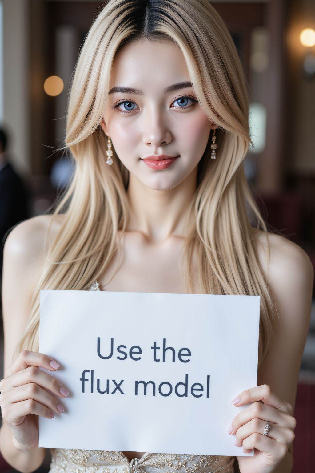 instagram photo, closeup face photo of 20 y.o, blue eyes, pale skin, smirk, blonde long straight hair, elegant dress, holding a sign with text "Use the flux model",