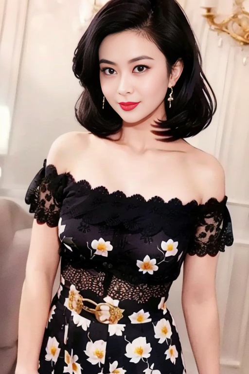 1girl,1girl, and, black, black_hair, dress, earrings, floral_print, flower, gold, guanzhilin, hair, her, lips, makeup, posing, shirt, shoulders, skirt, solo, the, tongue， <lora:SD1.5_Guanzhilin:0.8>