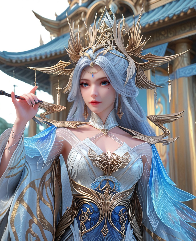 (oriental architecture, elegant decor, sophisticated style:1.1),(w arms:1.1),(breasts:1.2),<lora:XL百炼成神宁雨蝶spur:0.9>,miss ningyudie,silver paired with blue dress,sash,blue shawl sleeves,side slit,mole under right eye,forehead pendan,eyelashes,blue eyes,white hair,long hair,headdress,wide sleeves,hair bun,slender legs,jewelry,earrings,, zPDXL2, score_9, score_8_up, score_7_up BREAK realistic, masterpiece,best quality, highly detailed,, zPDXL3, zPDXL2,zPDXL, zPDXLxxx, zPDXLrl,