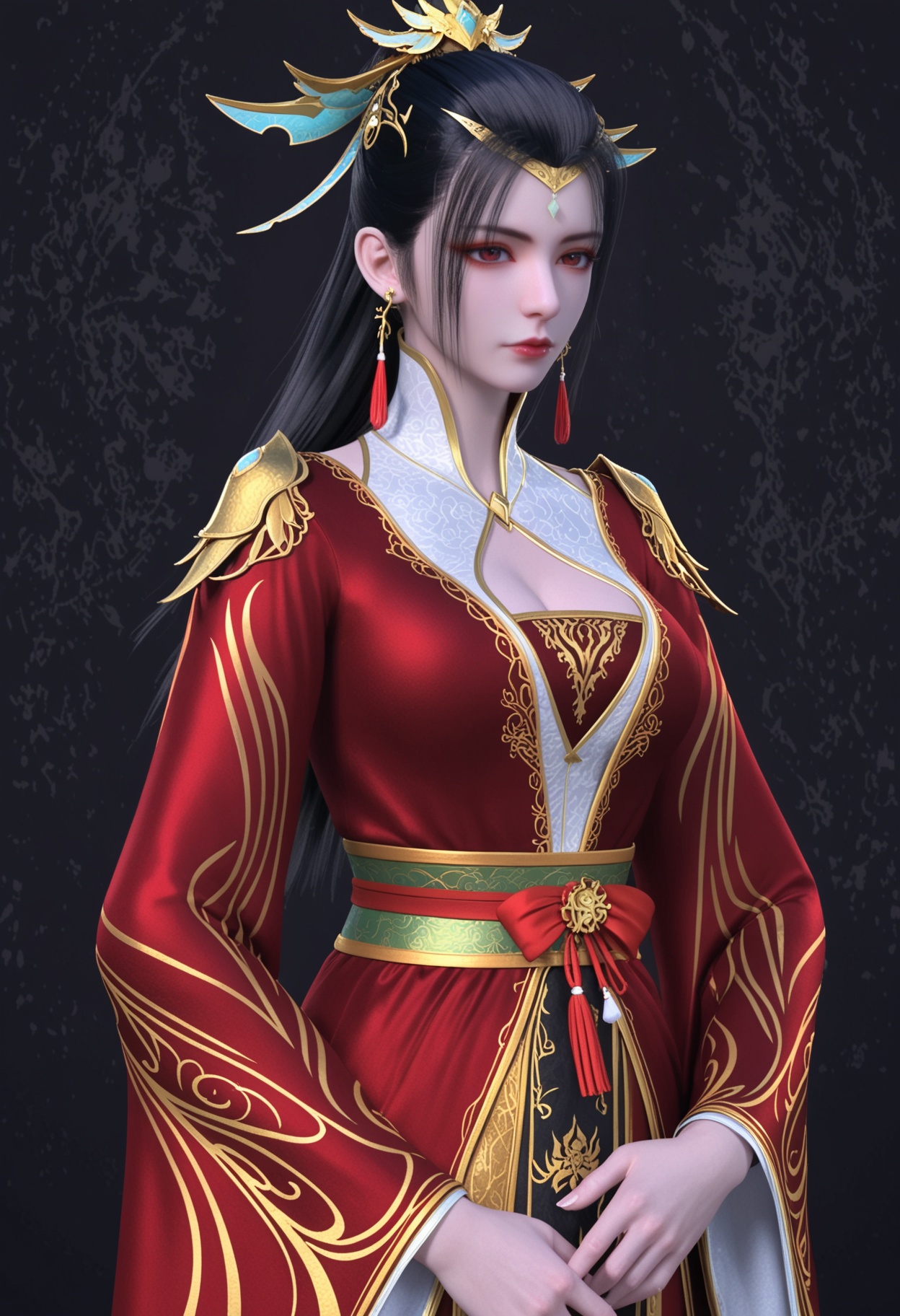 score_9,looking_at_viewer,upper body,(large breasts:0.8),1girl,solo,hair ornament,long hair,black hair,earrings,jewelry,dress,red dress,chinese clothes,closed mouth,long sleeves,sash,clothing cutout,cleavage cutout,tassel earrings,red eyes,expressionless,ponytail,high heels,(simple background,pure black background,black background:1.1),perfect_anatomy,<lora:QQSponylinxiuV1:0.8>,