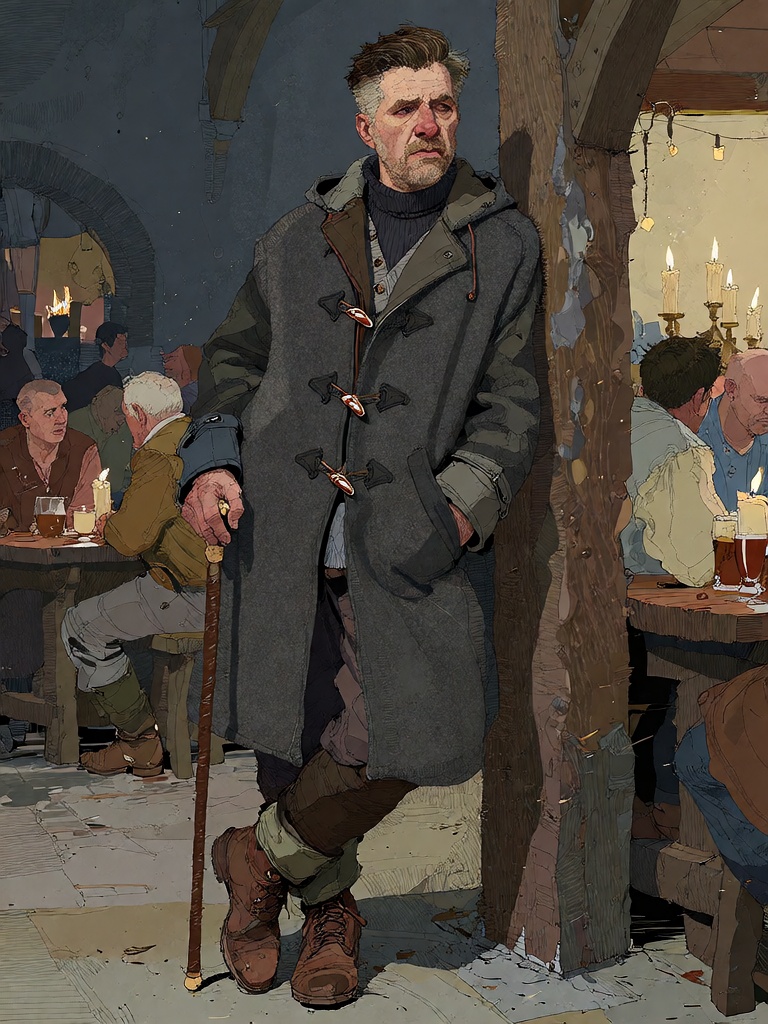 Bradhamel art style.A rugged,  middle-aged man with dark,  neatly styled hair and a weathered beard stands leaning against...