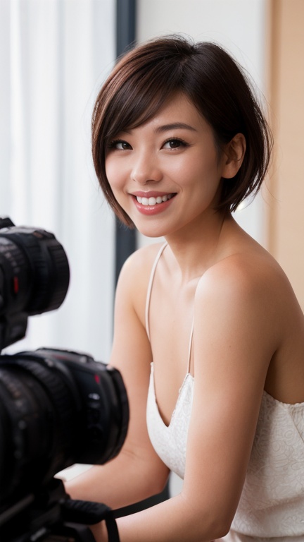short hair,  beaming smile looking at the viewer. flirting with the camera,  8k):1 on Tensor.Art