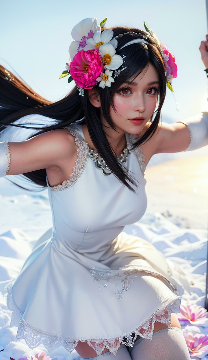 masterpiece,highres,1girl,solo,red eyes,black hair,sfw,<lora:add_detail:0.3>,thighhighs,((beautiful Dress+stocking):1.25),((flower headdress:1.45)),((white theme:1.5)),snow,outdoors,snowflakes,sleeveless,3D graphics,front view,looking_at_viewer,tifa,dynamic pose,<lora:tifa-000005:0.7>,