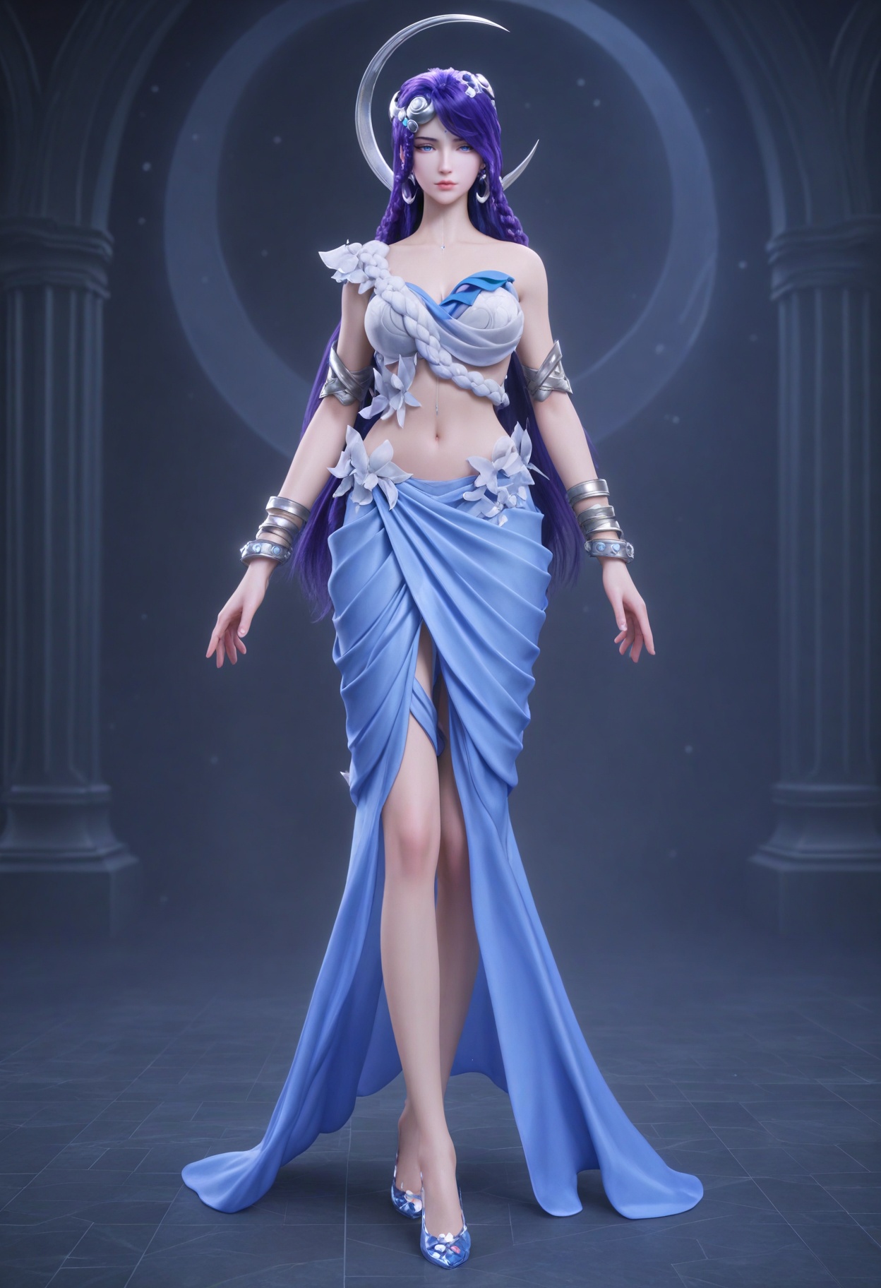(full_body:1.1),(gigantic breasts:0.6),(slender:1.3),(looking_at_viewer:1.1),(masterpiece:1.1),(best quality:1.2),(intricate details),(smog:1.3),(Dark room:1.3),(dim lighting:1.3),<lora:YQ_Illustrious光辉v5_海月_V1:0.8>,q1528437228,solo,1girl,long_hair,purple_hair,jewelry,hair_ornament,earrings,blue_eyes,dress,blue_hair,braid,bracelet,crescent,bare_shoulders,midriff,very_long_hair,white_dress,skirt,crescent_hair_ornament,armor,purple_eyes,shoes,high_heels,realistic,blue_footwear,armlet,night,crescent_earrings,facial_mark,barefoot,hair_rings,long_skirt,white_pantyhose,blue_dress,masterpiece,(best quality),(intricate details:0.9) BREAK (intricate details:0.9),(realistic skin:1.2),masterpiece,best quality,newest,absurdres,hiahres,