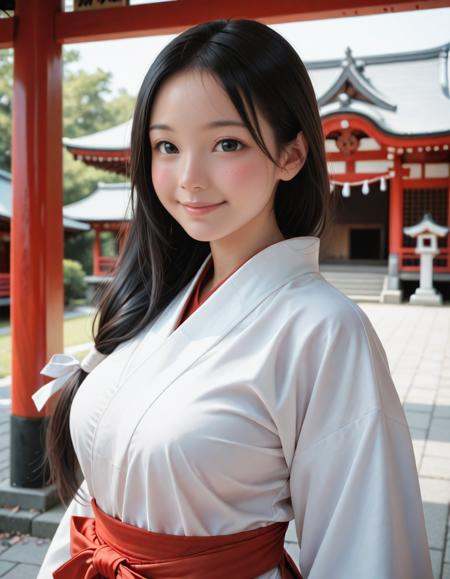 (masterpiece, best quality), (photo realistic, ultra detailed, realistic skin), (ultra high res, 8k, very aesthetic, absurdres) BREAK 1 girl, Fair-skinned, blush, black hair, low-tied long hair, black eyes, (large breast:0.5), smile, upper body, (Miko, red hakama), Japanese shrine, look at viewer, in focus with blurred background