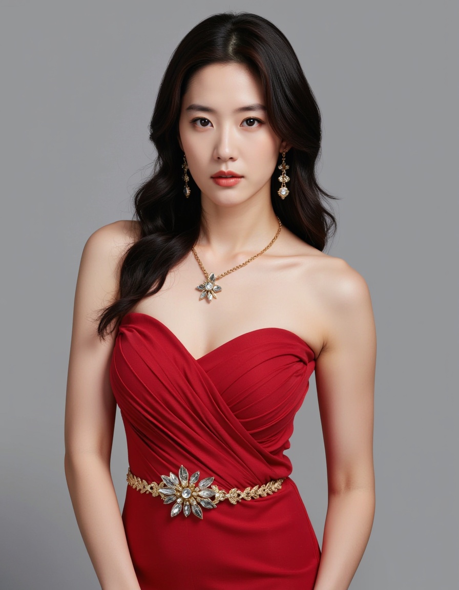 The image is a portrait of a young woman posing in a red dress. She is standing in front of a plain grey background and is looking directly at the camera with a serious expression on her face. Her hair is styled in loose waves and she is wearing a pair of statement earrings and a necklace with a gold chain. The dress is strapless and has a sweetheart neckline. The woman is also wearing a gold belt with a floral design. The overall mood of the image is elegant and sophisticated.