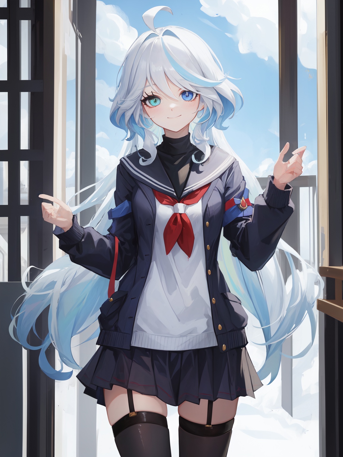 Furina,1girl,solo,long hair,ahoge,blue eyes,white hair,blue hair,bangs,(heterochromia:1.2),(school uniform, black thighhighs:1.2),light smile,arnime screen,hdr,absurdres,<lora:furina-000015:0.8:lbw=char>,<lora:genshinImpactModel_v10:0.0:lbw=MIDD>,, 1girl,,  (masterpiece,best quality:1.2),absurdres