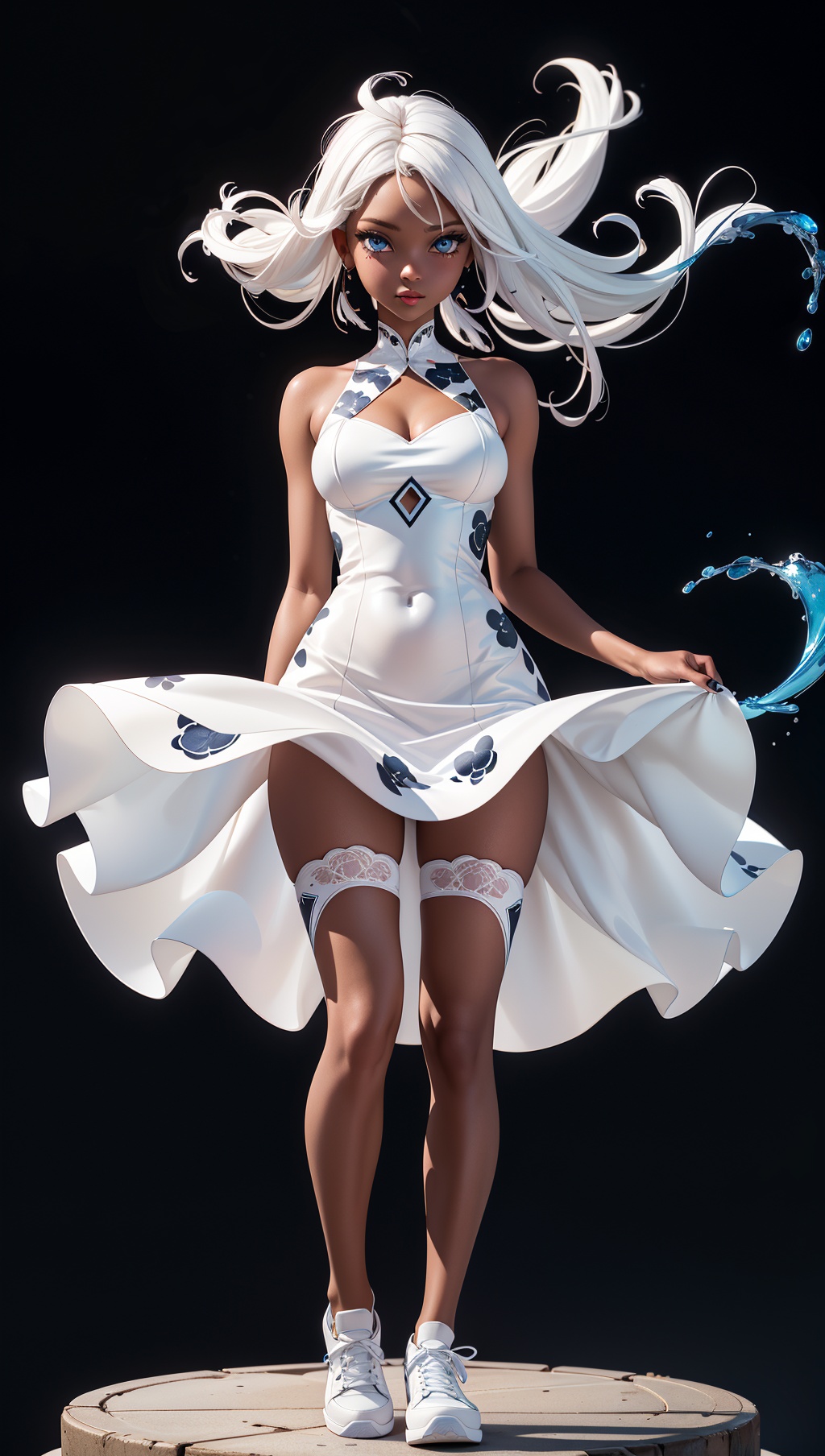 a woman with white hair and blue eyes,  in a white dress with a black background and a splashs of paint all over,  Celesti...