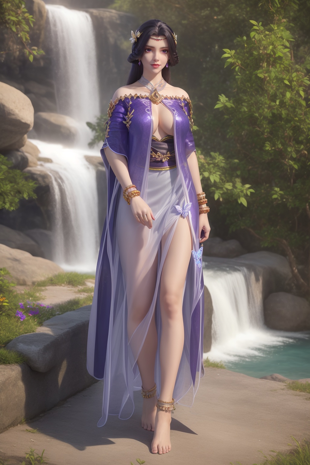 ultra realistic 8k cg,flawless,clean,masterpiece,professional artwork,famous artwork,perfect face,beautiful face,best quality,full_shot,absurdres,shenfengXiaoYunXi,1girl,solo,dress,cape,circlet,halterneck,standing,purple eyes,purple hair,shiny,see-through,torogao,smile,makeup,red lips,breasts,large breasts,jewelry,earrings,hair ornament,(outdoors:1.4),water,waterfall,butterfly,flower,braid,long hair,realistic,looking at viewer,barefoot,anklet,barefoot sandals,<lora:shenfengXiaoYunXi_20240106234614-000004:0.7>,