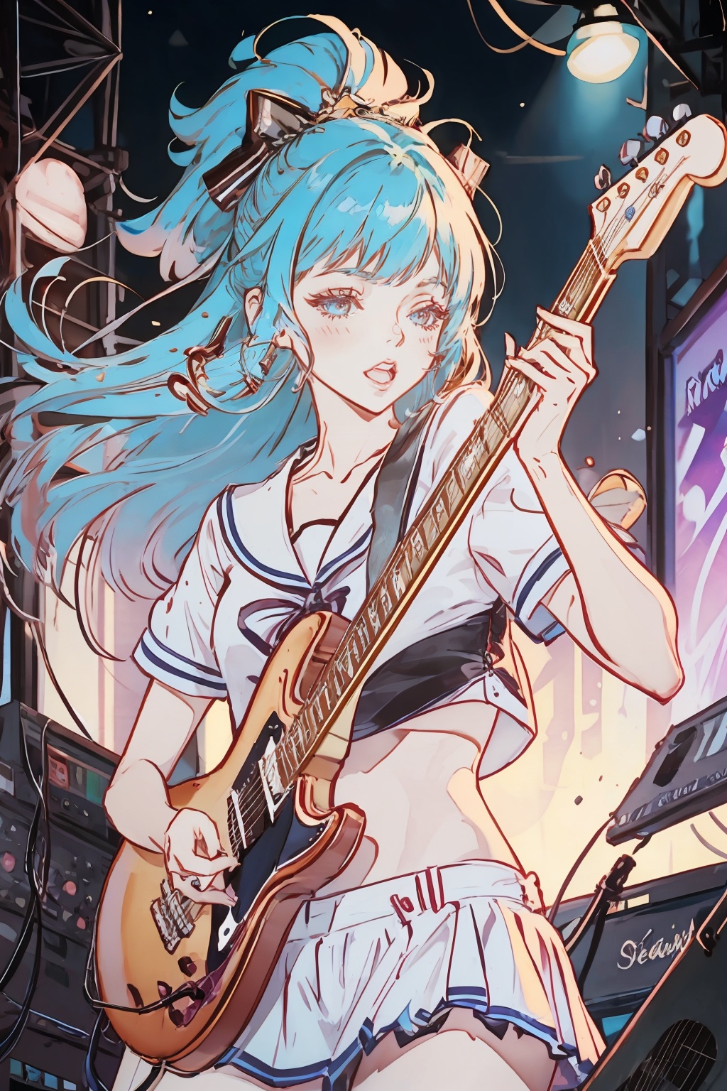 Gorgeous rocker playing electric guitar,She moves to the beat of the music. She enjoys the spectacle,blue hair,serafuku,And the strings of the guitar sound thin underneath it,Graceful fingers. Girl Star. Rock Girl.,gorgeous rocker playing electric guitar and moving to the beat of the music. she explodes all over her body - enjoying the spectacle,Her hair is loose,And the strings of the guitar sound thin underneath it,Graceful fingers. Famous Girl. Rock Girl.,<lora:Marker Illustration:1>,