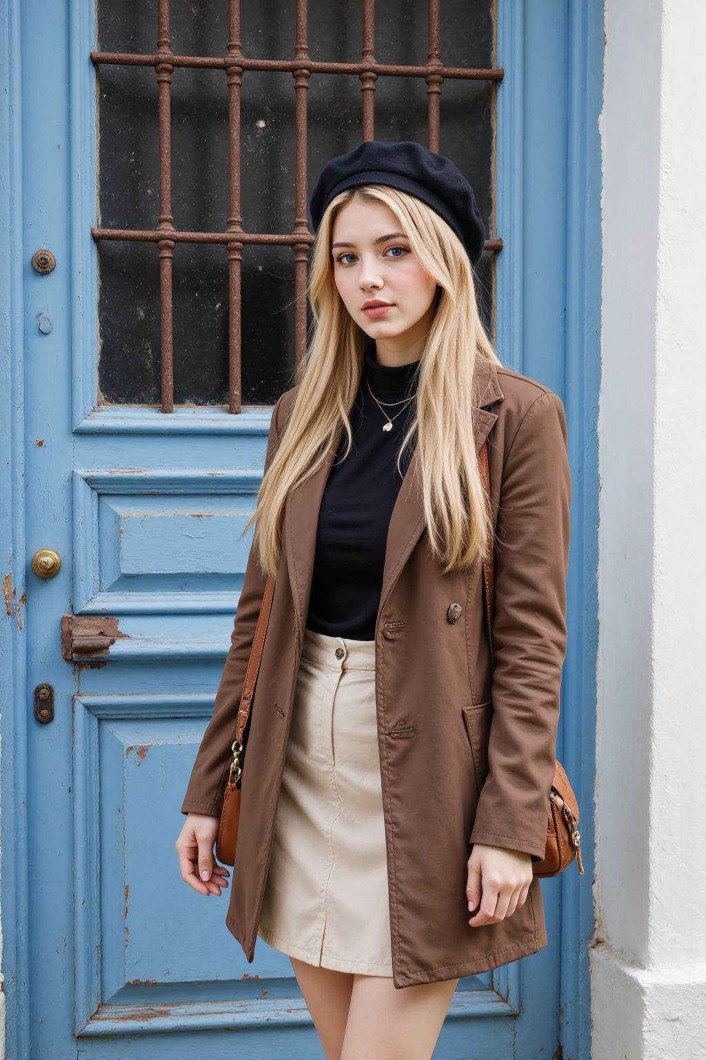 The image is a high-resolution photograph,Vibrant colors infused with mixed colorism,In this photograph,a young woman with long and straight blonde hair stands in front of a weathered,blue wooden door with a barred window. She wears a brown coat and beige skirt and a black beret,with a brown handbag slung over her shoulder. The background features a white wall and a second window with rusty bars. The overall setting suggests a vintage and possibly European,location.,