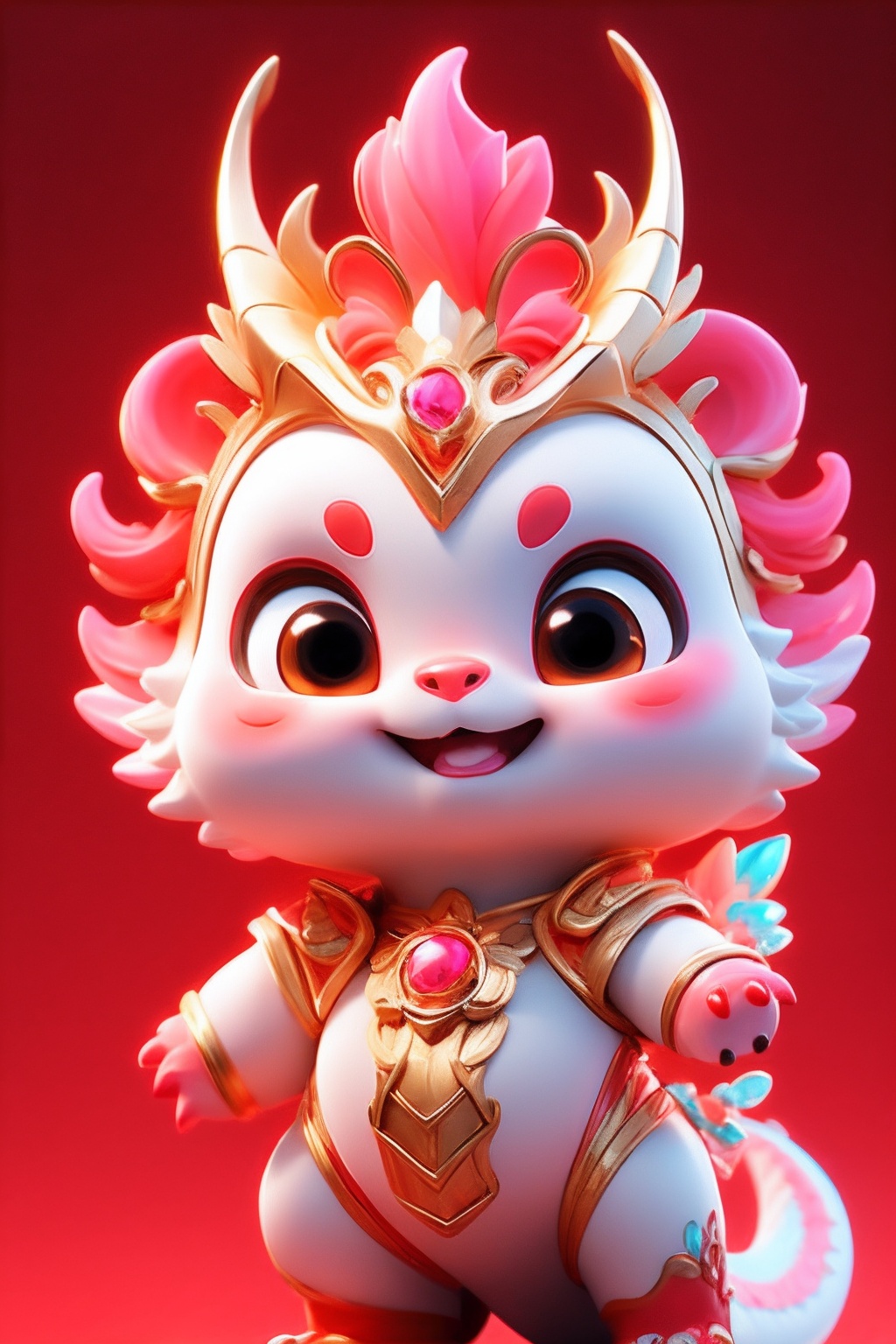 a cute pink and white pet,scale,red theme,<lora:Dragon Baby_20231209214719-000009:0.7>,((masterpiece)),rich details,extremely exquisite,claw,head gemstone,red background,