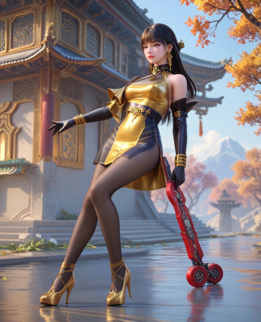 (oriental architecture, elegant decor, sophisticated style:1.1),(speed skating moves:1.1),(breasts:1.2),<lora:XL16穿越火线步练师灵魂武者:0.95>,miss bulianshi,yellow and black short dress,blue eyes,blunt bangs,black hair,half updo with long cascading hair,earrings,jewelry,black elbow gloves,bracelet,bare left shoulder,armlet,black pantyhose,yellow high heels,, score_9,score_8_up,score_7_up,score_6_up,score_5_up,score_4_up,3d rendering,tag1,tag2, Cinematic Lighting,backlighting,, zPDXL3, zPDXL2,zPDXL, zPDXLxxx, zPDXLrl,