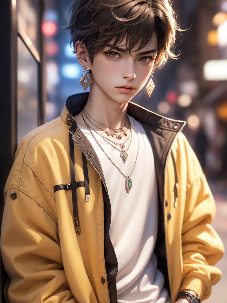 CG,solo,jewelry,brown eyes,looking at viewer,blurry background,brown hair,shirt,earrings,upper body,short hair,male focus,jacket,blurry,1boy,necklace,lips,white shirt,realistic,closed mouth,piercing,coat,bangs,outdoors,