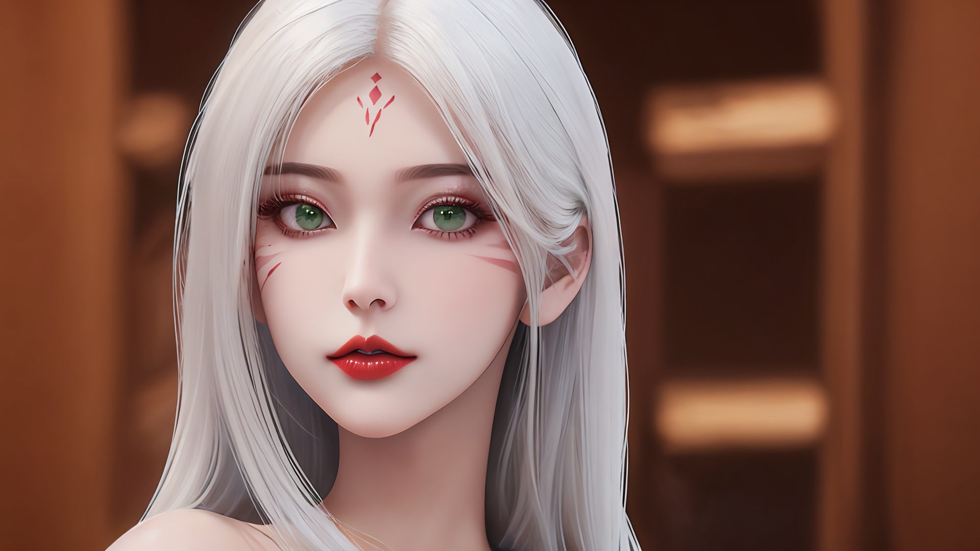1girl,solo,green eyes,long hair,white hair,looking at viewer,facial mark,lips,blurry background,blurry,portrait,forehead mark,red lips,bare shoulders,closed mouth,makeup,<lora:girl xiaobai_20240912002955:0.8>,