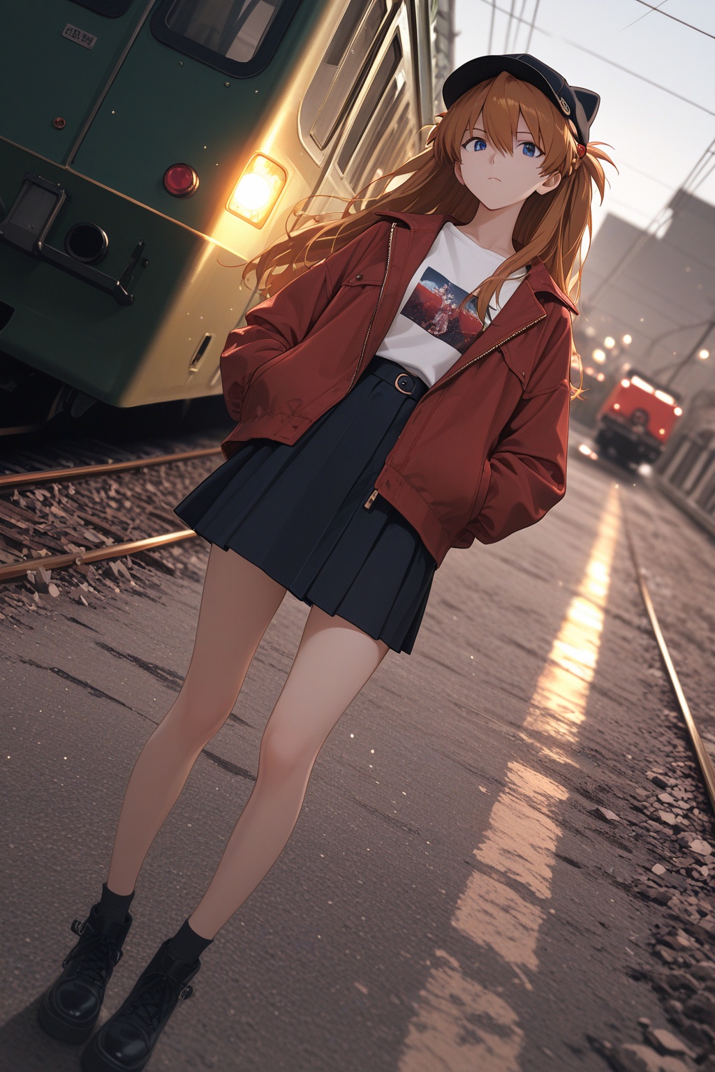 souryuu asuka langley, masterpiece,best quality,amazing quality,very aesthetic,absurdres,newest,extreme aesthetic,in the style of fashion photography,light particles,cinematic lighting,Visual impact,sharp focus,Emotionalization,depth of field,dutch angle,scenery, 1girl, solo, looking at viewer, skirt, hat, jacket, braid, outdoors, ground vehicle, motor vehicle, train