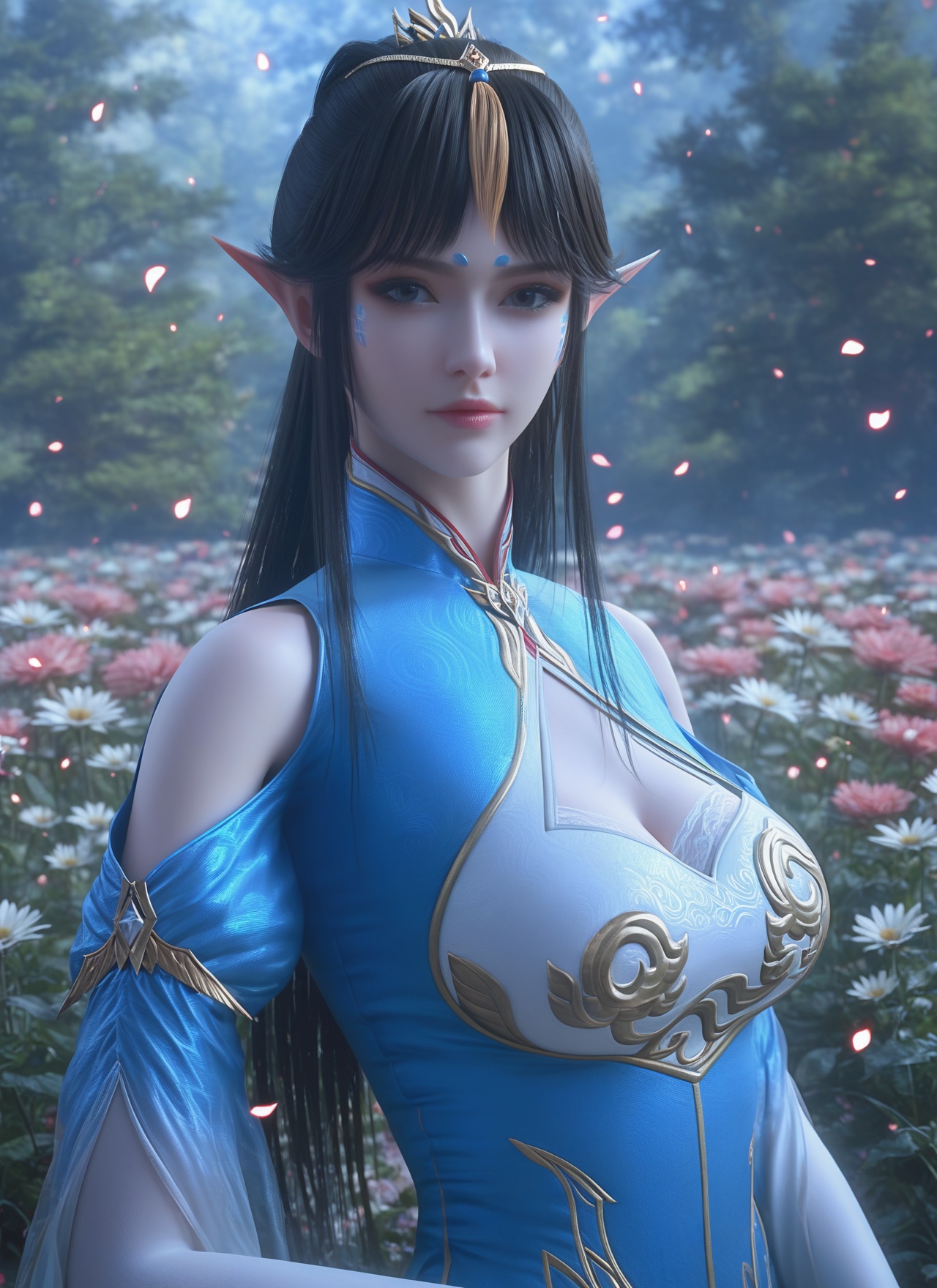 fengqinger,<lora:fengqingerXL:0.8>,score_9,score_8_up,score_7_up,32K UHD,8k,4k,best quality,extremely detailed cg 8k wallpaper,ultra-detailed,Dark light,dark scene,masterpiece,sharp focus,unconventional supreme masterpiece,masterful details,temperate atmosphere,with a high-end texture,Dynamic Angle,Dynamic posture,translucent,luxurious sharp focus,intense,dynamic cinematic color,intricate detail,located artistic,Fashion and art,elegant and sophisticated,innovative use of light and shadow,decorative,allegorical,symbolic,with a high-end texture,low saturations,dim lighting,1girl,solo,looking at viewer,{sexy stockings|cowl neck stockings|black stockings|plaid tights|nude stockings|thigh-high socks|leggings|pantyhose|seamless stockings},pale_skin,(shiny_skin:0.8),shorts,big breasts,cleavage,bra,framed breasts,high detailed skin,closed mouth,pointy ears,black hair,long hair,facial mark,hair ornament,forehead mark,bare shoulders,flower field,petals,(breast grab:0.8),outdoors,clothing cutout,blue dress,hair ornament,shoulder cutout,cleavage cutout,expressionless,chinese clothes,